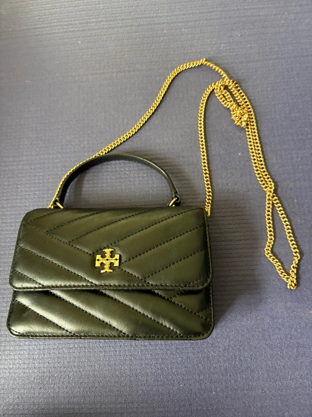 Tory Burch Black Quilted Mini Top-Handle Bag with Gold Chain Strap